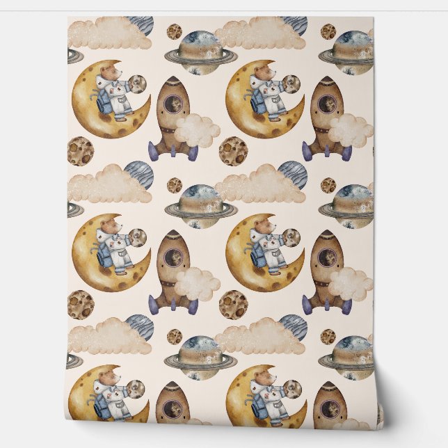 Papier Peint Cute Espace Extérieur Ours Astronaut Lune & Planèt (Déroulement)