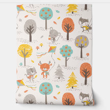 Cute Fall Forest animals with kites and trees
