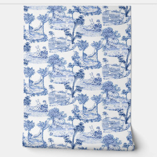 Papier Peint Cute Funny Vintage Bleu Blanc Lapin Toile de Jouy