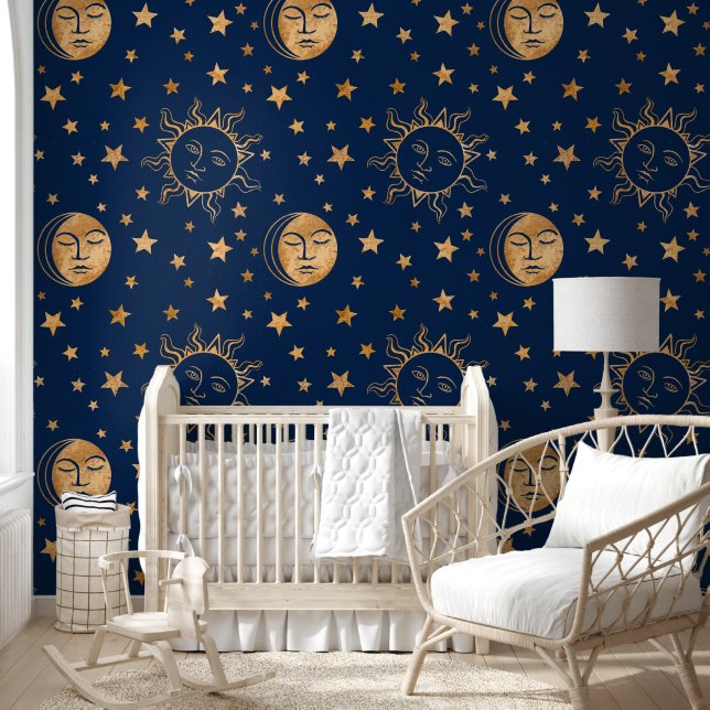 Papier Peint Cute Girly Sun Moon & Stars Magic Gold & Navy Blue (Enfants)