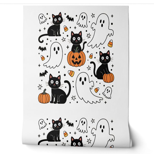 Papier Peint Cute Halloween Ghost Boo Cat (Déroulement)