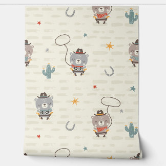 Papier Peint Cute Little Cowboy Sheriff Ours crème