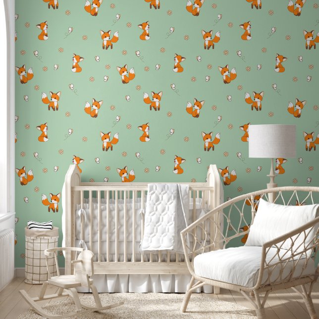 Papier Peint Cute Little Fox Green Motif (Enfants)