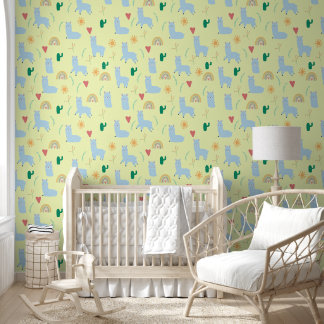 Papier Peint Cute Llama Rainbows Jaune et Bleu Baby Boy Nursery