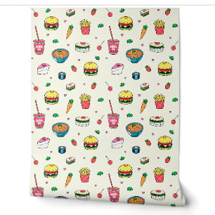 Papier Peint Cute Motif de nourriture coloré sur blanc