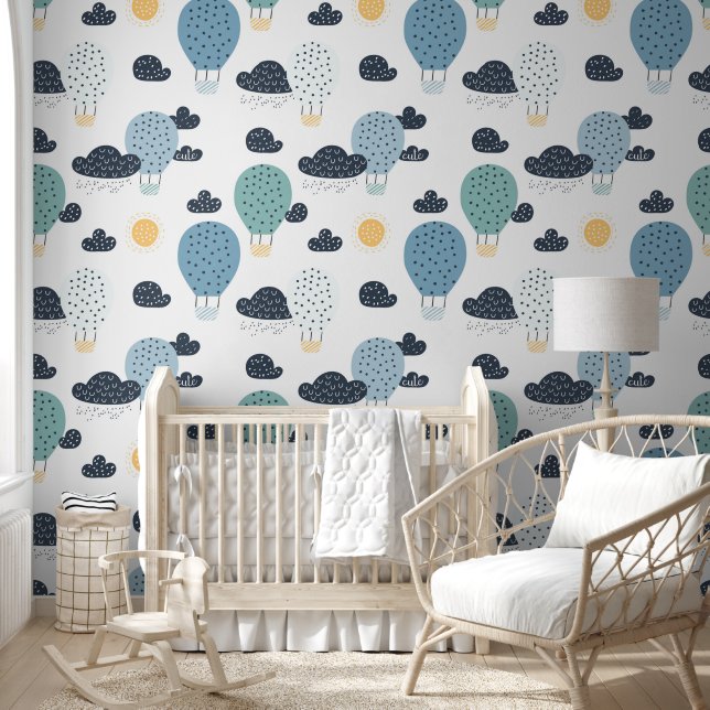 Papier Peint Cute Pastel Hot Air Balloon Dans Clouds Garçons Nu (Enfants)