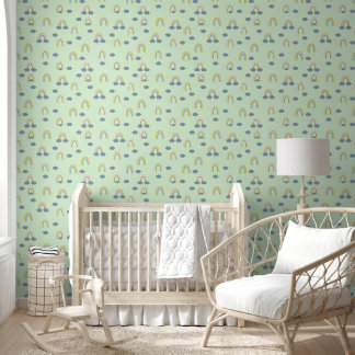 Papier Peint Cute Rainbows & Nuages Pale Green Baby Nursery