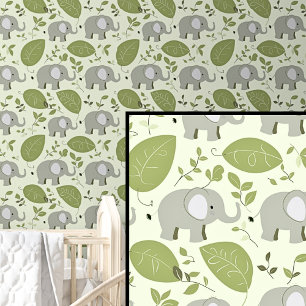 Papier Peint Cute Safari Animaux Grey Elephants Leaf on Green
