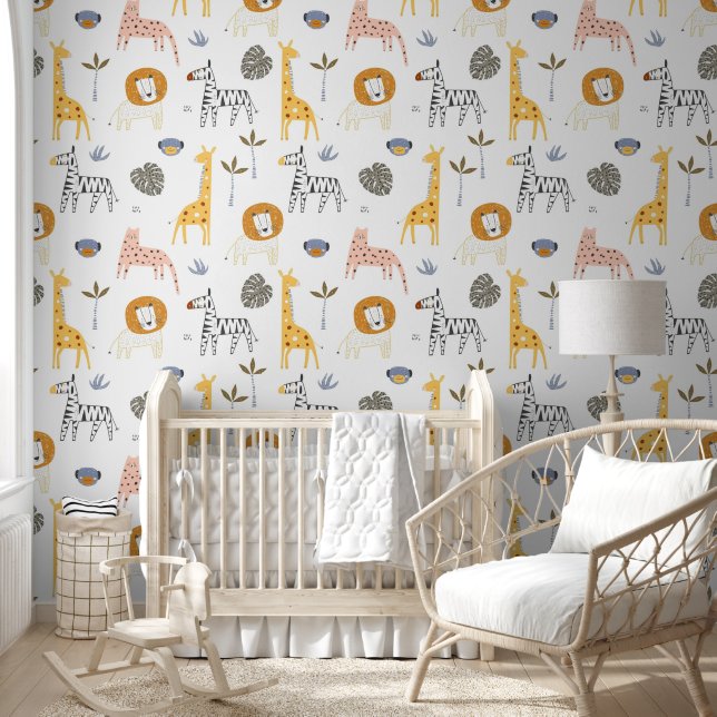 Papier Peint Cute Scandinave Safari Animaux Pépinière Blanche (Enfants)