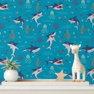 Papier Peint Cute Shark Jellyfish Modern Kids Motif