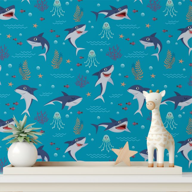 Papier Peint Cute Shark Jellyfish Modern Kids Motif (Créateur téléchargé)
