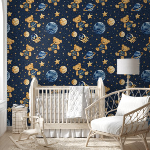 Papier Peint Cute Teddy Bear Astronaut en Galaxy Blue Nursery
