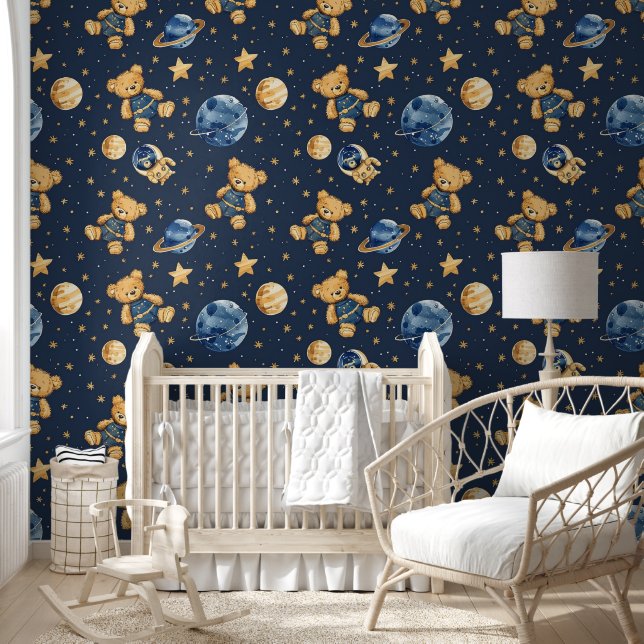 Papier Peint Cute Teddy Bear Astronaut en Galaxy Blue Nursery (Enfants)