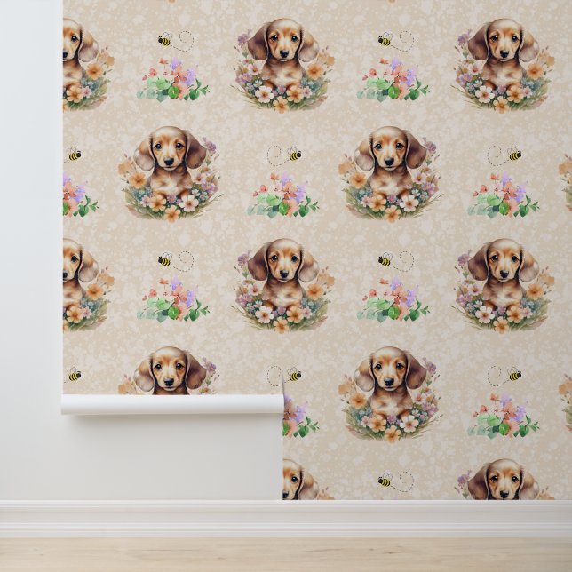 Papier Peint Dachshund Chien Chien Bee Floral sur Crème (Application)