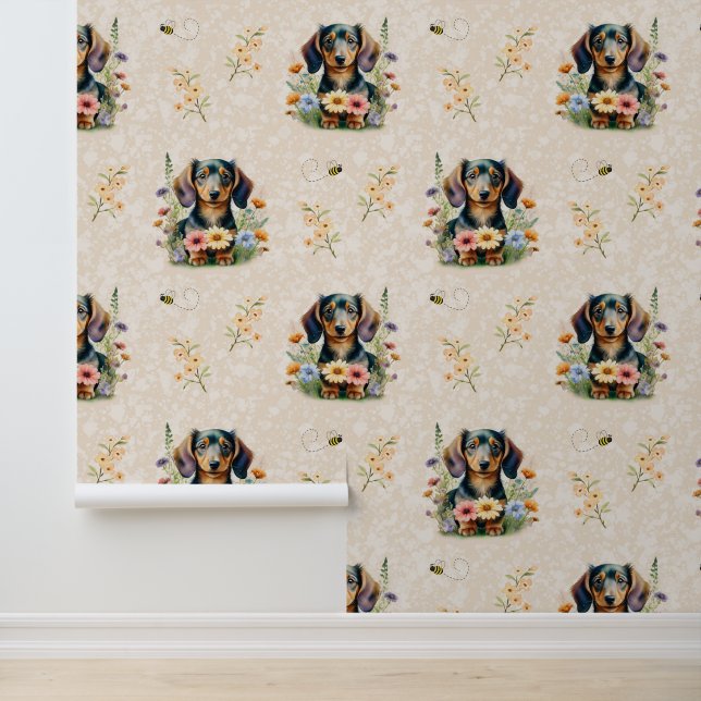 Papier Peint Dachshund Chien Chien Chien Noir Tan Fleurs Sauvag (Application)