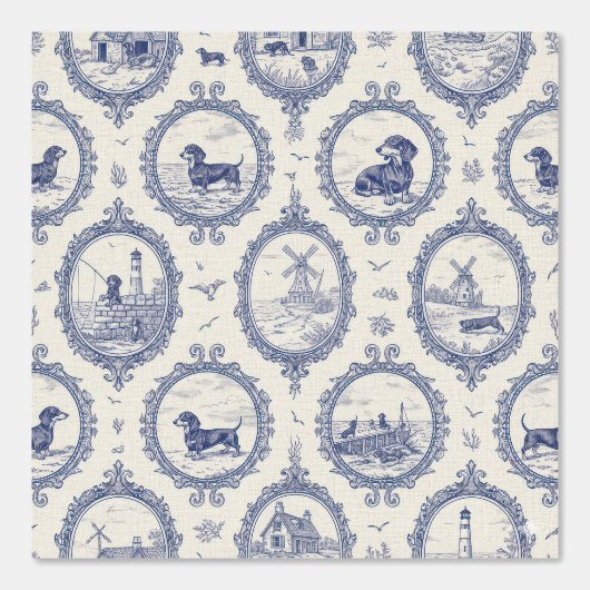Papier Peint Dachshund Puppy Toile Pattern: Blue & White (Recto)
