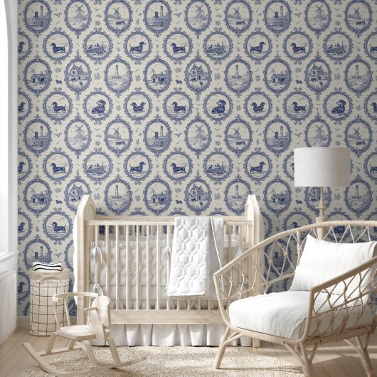 Papier Peint Dachshund Puppy Toile Pattern: Blue & White (Enfants)