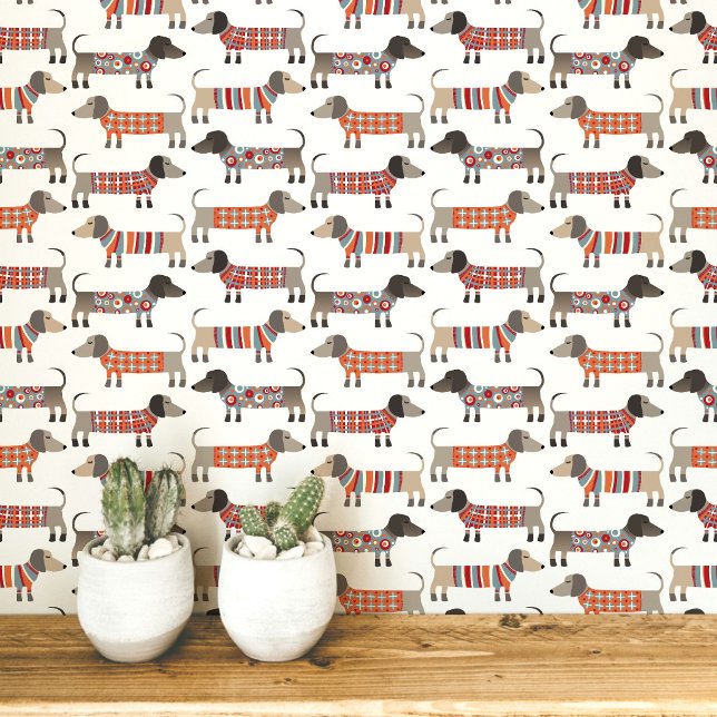 Papier Peint Dachshund Saucisson de Vienne Chien (Fun Dachshund Wiener Sausage Dogs in sweaters pattern peel and stick wallpaper)
