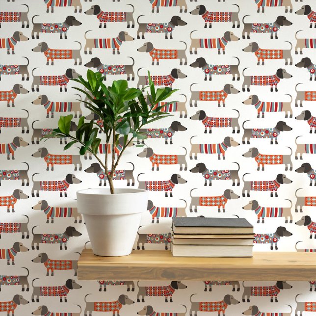 Papier Peint Dachshund Wiener Saucisse Chien (Fun Dachshund Wiener Sausage Dogs in sweaters pattern peel and stick wallpaper)