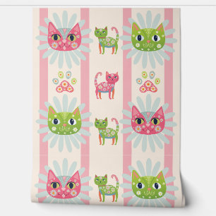 Papier Peint daisy kitty cat face rose rayé