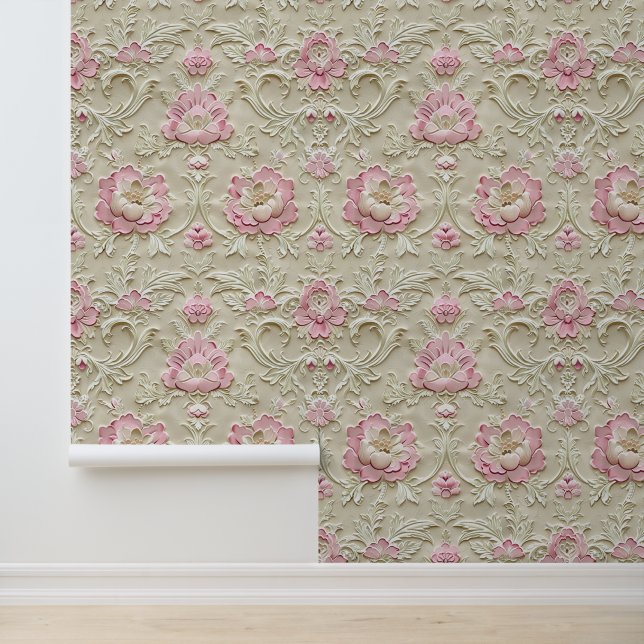 Papier Peint Damask luxe beige texture rose rose fleurs (Application)