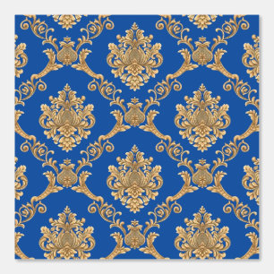 Papier Peint Damassé Belge Or sur Fond Bleu Designer 