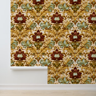 Papier Peint Damassé floral victorien doré avec sauge