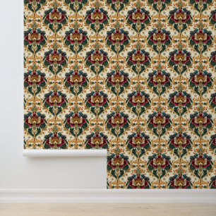 Papier Peint Damassé floral victorien orné en sarcelle et borde