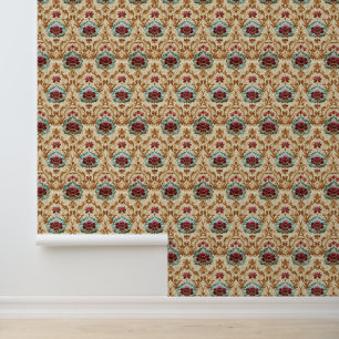 Papier Peint Damassé floral vintage en turquoise et burgundy
