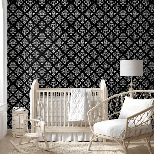 Papier peint damassé noir et blanc (Enfants)