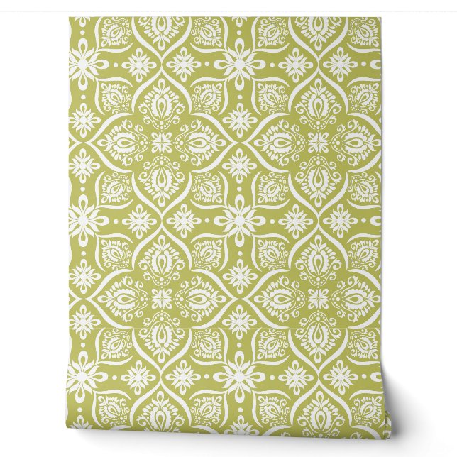 Papier Peint Damassé vert Chartreuse classique et blanc (Déroulement)