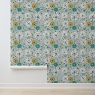 Papier Peint Dandelion Whimsical - Jaune, Blanc & Turquoise