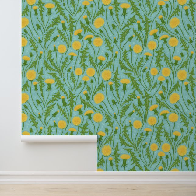Papier Peint Dandelions, vert, jaune et bleu (Application)