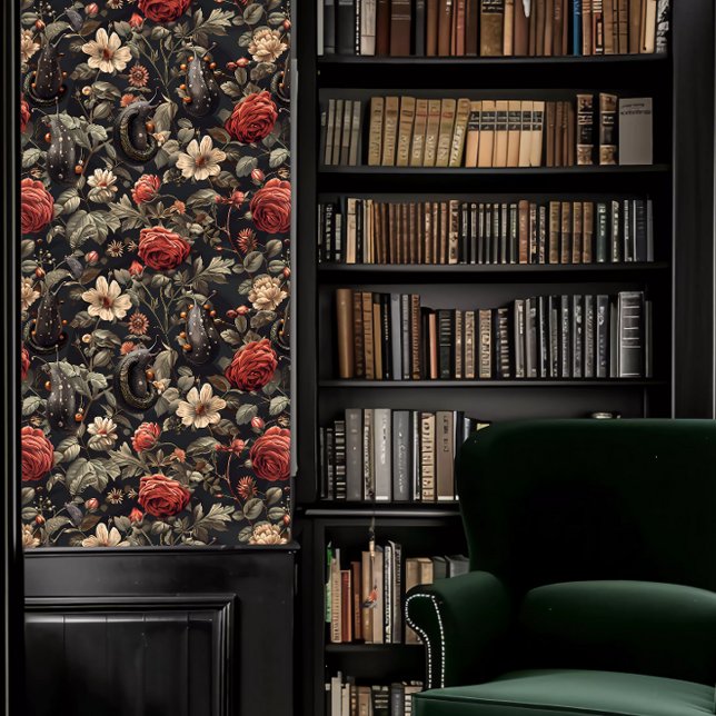 Papier Peint Dark Academia Chaussures noires et fleurs rouges e (Dark Academia Black Slugs and Red & White Flowers Wallpaper in a library.)