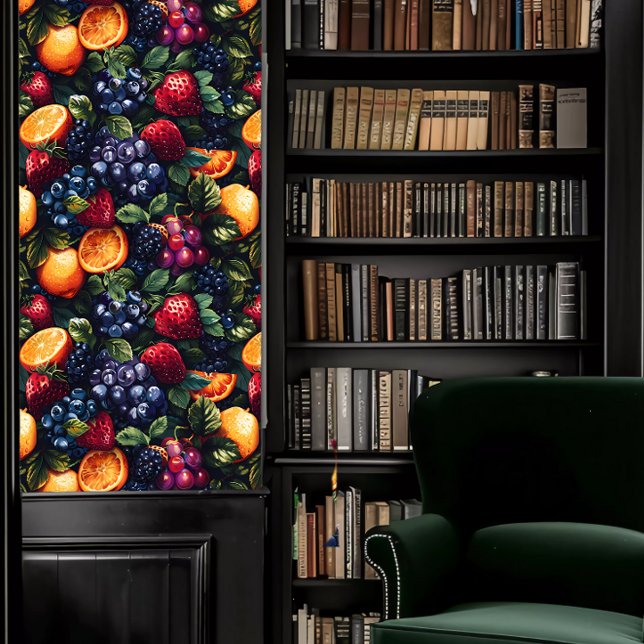 Papier Peint Dark Academia Fruit réaliste (Dark Academia Realistic Fruit Wallpaper in a library.)