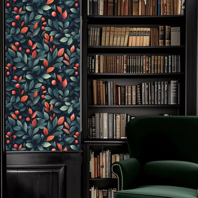 Papier Peint Dark Academia Rouge et Turquoise Foliage (Dark Academia Red and Teal Foliage Wallpaper in a library.)