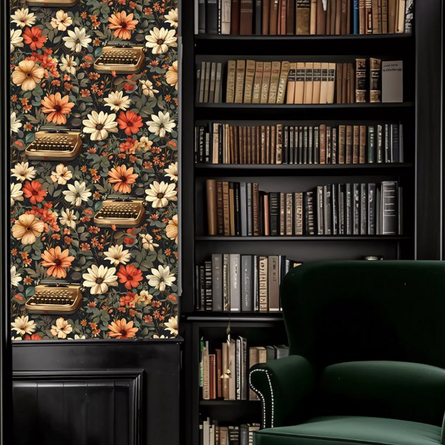 Papier Peint Dark Academia Typerwriters et Flowers (Dark Academia Typerwriters and Flowers Wallpaper in a library.)