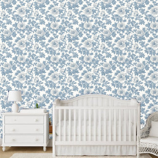 Papier Peint Décor Toile De Jouy Française Bleu Chic Jardin Flo