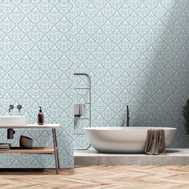 Papier Peint Défiler le motif Damas blanc sur Turquoise clair (Salle de bain)