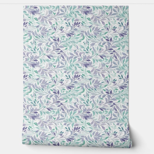 Papier Peint Délicat pastel doux violet et feuilles verts sauge (Déroulement)