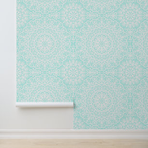 Papier Peint Dentelle blanche en mandala de Bohême sur bleu dou