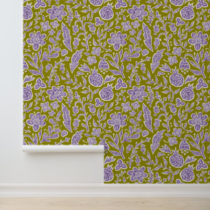 Papier Peint Design floral rétro avec fleurs et fruits.