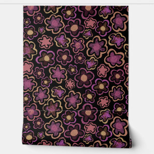 Papier Peint Dessin à la main de Motif de fleurs violet noir