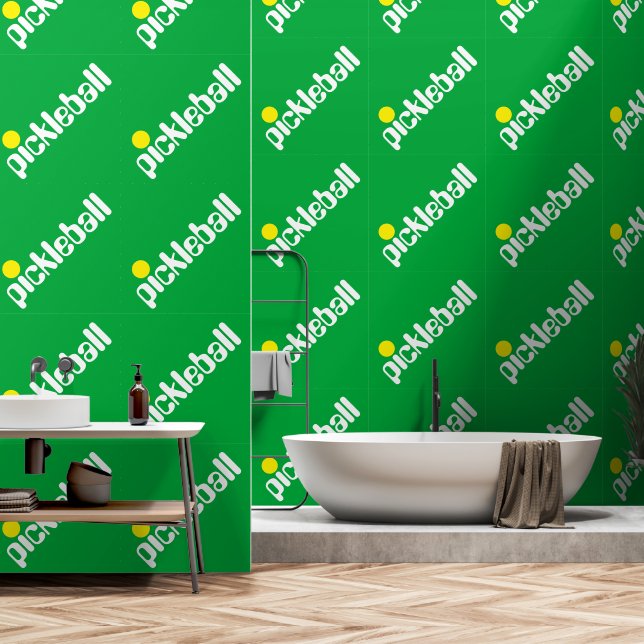 Papier Peint Diagonale Blanc Jaune PICKLEBALL Sur Vert Clair (Salle de bain)
