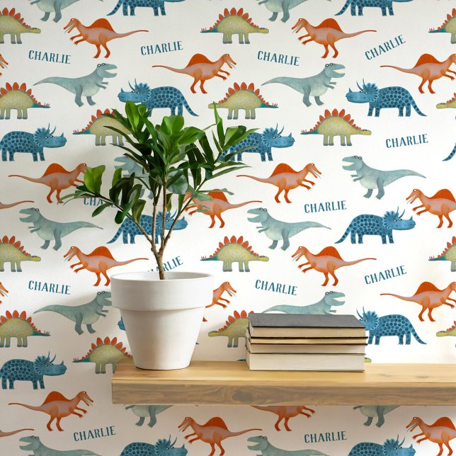 Papier Peint Dinosaure Nom personnalisé (Fun unique personalized dinosaur wallpaper with child's name for kid's room and nursery)