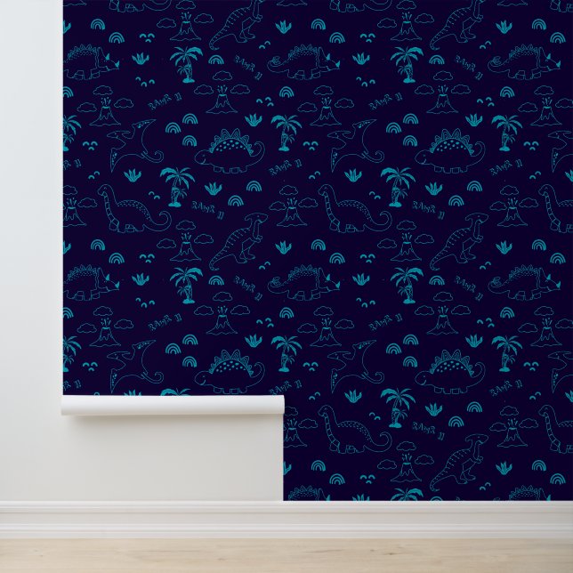Papier peint doodle dinosaure Navy Neon (Application)
