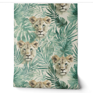 Papier Peint Douces Fougères de la Jungle Verte avec Lionne Saf