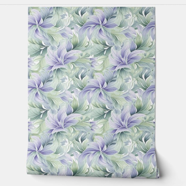 Papier Peint Doux pastel violet et sauge vert feuille chic (Déroulement)