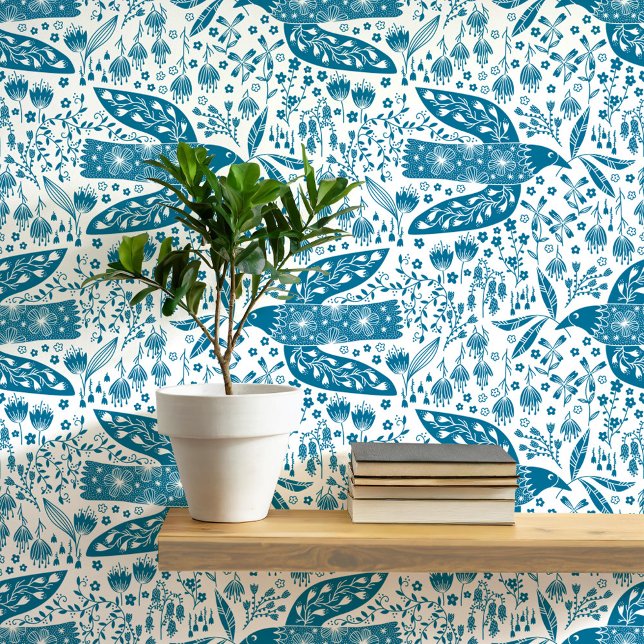 Papier Peint Doves et fleurs Oiseaux Turquoises et blancs (Doves and flowers bird art peel and stick wallpaper)