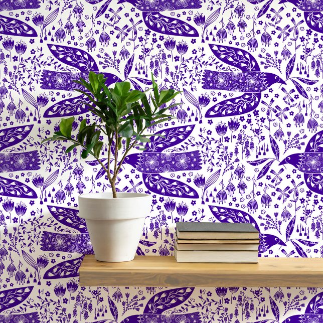 Papier Peint Doves et fleurs Oiseaux violets et blancs (Doves and flowers bird art peel and stick wallpaper)